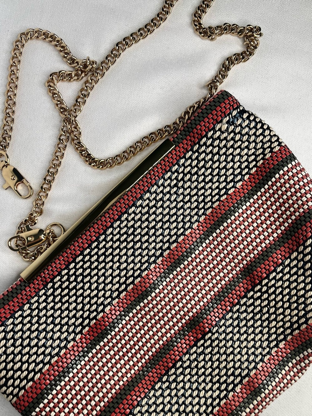 Boutique Woven Clutch Crossbody Salmon Pink Gray Cream Gold Chain Statement Bag